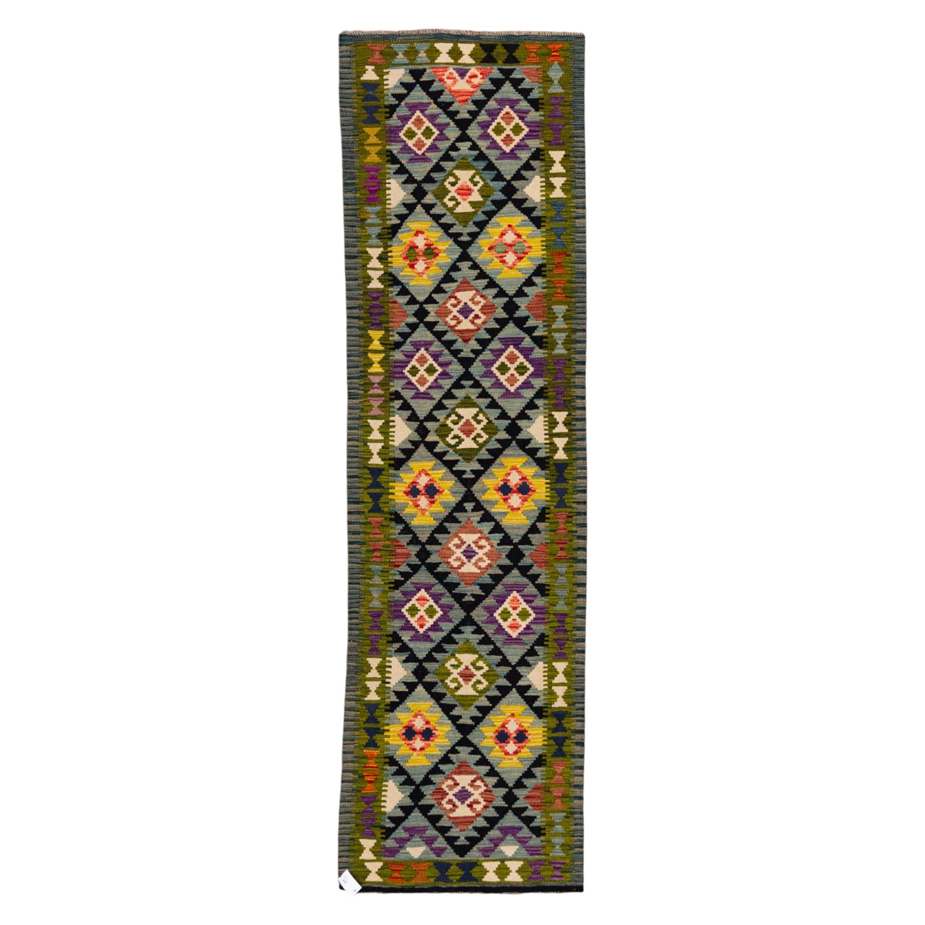 Afghan Maimana flatweave kilim, central field features large bold nested diamond motifs and stylized geometric lozenge patterns on olive purple, blue, and green tone ground, border stripe in blue tones, with fringe