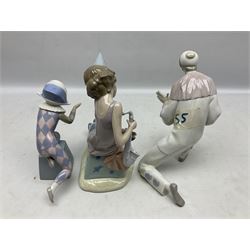 Three Lladro figures, comprising Clown with Saxophone, no 5059, Harlequin C, and Charming, with original box, largest example H27cm 