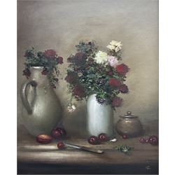 Judith Levin (British 1956-): Plums and Wilting Flowers, oil on board signed with initials 50cm x 40cm 