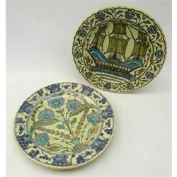  Two 20th century Greek chargers by Icaro Rodi, painted in the Iznik style with flowers and Galleon, D34cm   