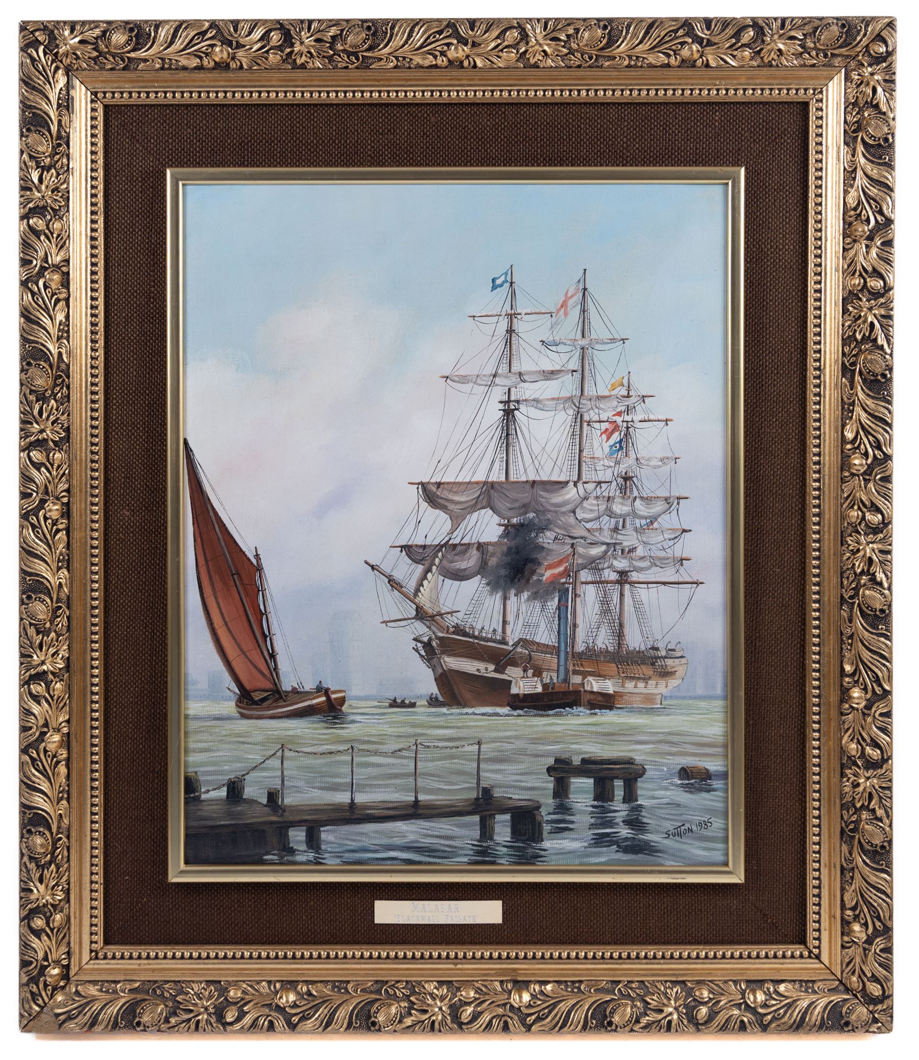 Keith Sutton (British 1924-1991): 'Malabar - Blackwall Frigate' and 'Royal Sovereign', two oils on canvas board signed and dated 1984 and 1985, in matching frames, 50cm x 40cm