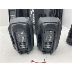 Wharfedale Pro Titan 12 speaker, pair of Wharfedale pro titan 8 speakers, Skytec SP1000 speaker, img stage line PAB-110 MK2 speaker and five speaker stands of various sizes (10)