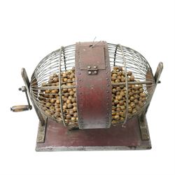 Vintage wire work tombola with wooden balls in metal frame and on rectangular wooden base H39cm 