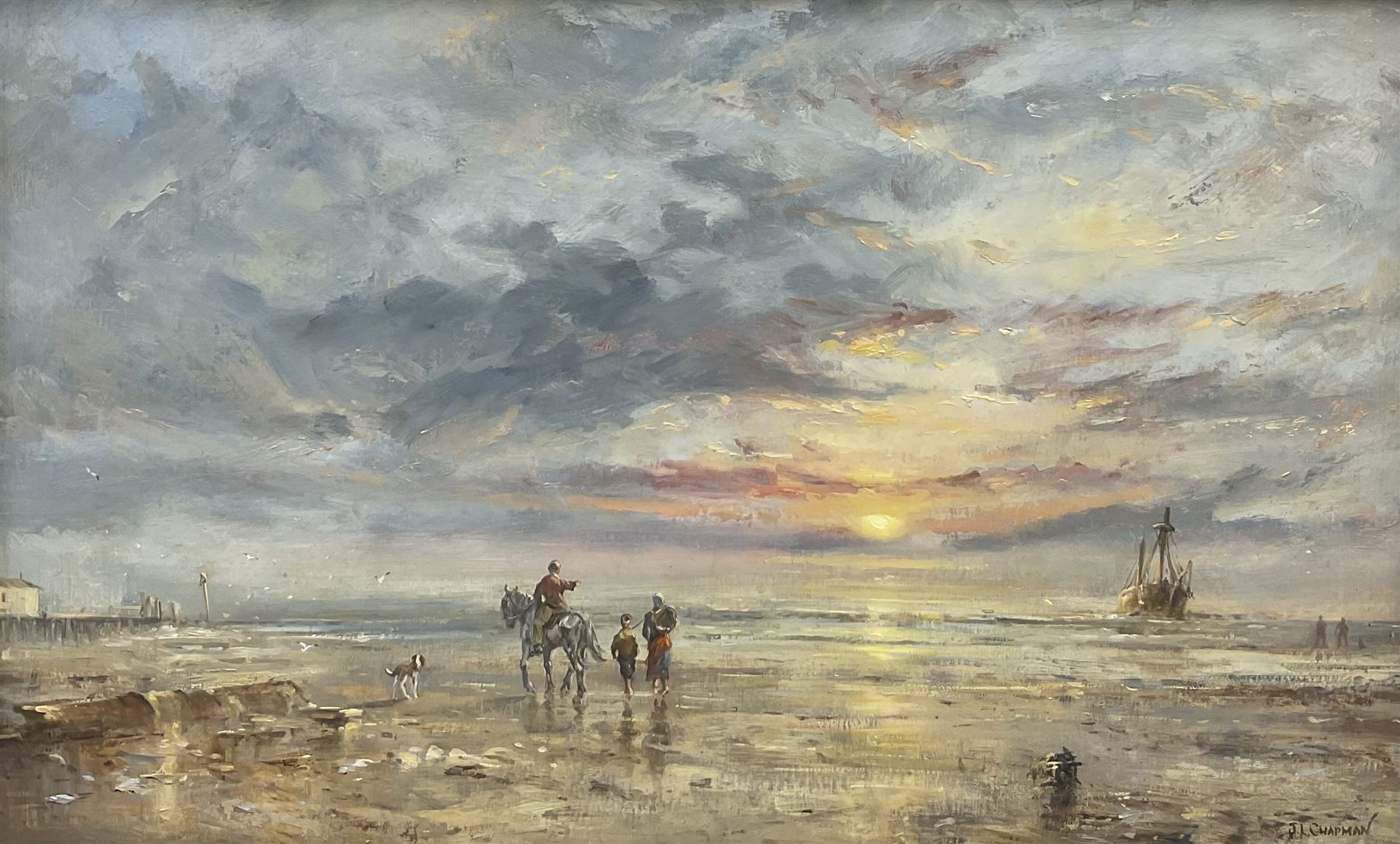 John Lewis Chapman (British 1946-): A Sunset Ride on the Beach, oil on board signed 24cm x 40cm