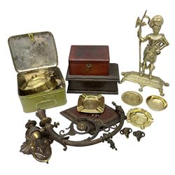 Victorian bronzed wall sconce, ornately decorated with ram's heads fixings, brass Primus paraffin pressure stove in tin box, brass doorstop modelled as a Scottish soldier, brass ashtrays, two wood boxes