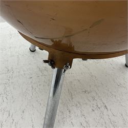 Timpani drum with coppered finish to the bowl, marked 'BS 3499' underneath, three adjustable tubular legs and Premier head D67cm