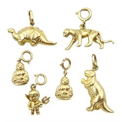 Six 9ct gold charms including two dinosaurs, two Buddhas, leopard and devil, all stamped or hallmarked 