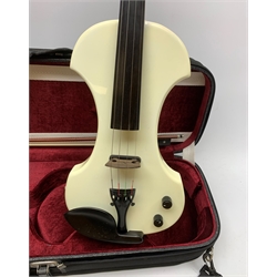 Fender white and black electric violin with 35.5cm back, serial no.KD00060342, 59cm overall, in original Fender fitted hard carrying case with bow