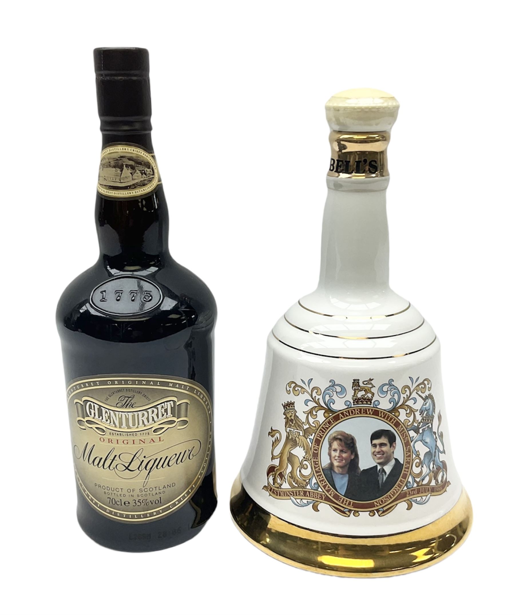 The Glenturret malt liqueur, 70cl, 35%vol and a Bell's Scotch Whisky decanter commemorating The marriage of Prince Andrew with Miss Sarah Ferguson 23rd July 1986, 75cl (2)