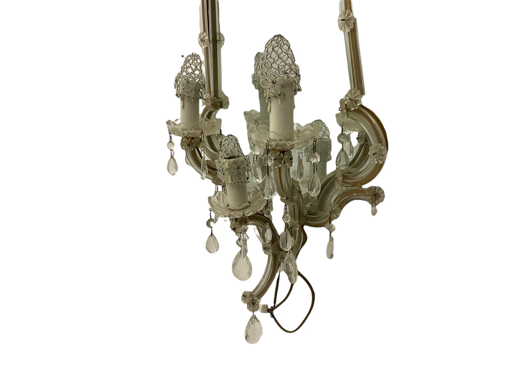 Mid to late 20th century Venetian style glass girandole or mirror, shaped frame and decorated with glass droplets, triple branch electroliers 