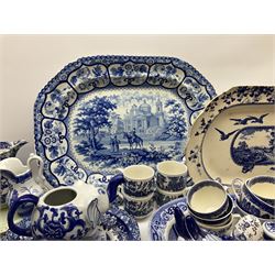 Collection of 19th century and later, blue and white transfer printed wares, including four meat platters with various patterns, Spode saucers in Italian pattern, with blue printed mark beneath, collection of dinnerware in willow pattern, etc.   