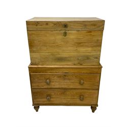 19th century camphor wood and pine chest on chest, camphor wood hinged blanket box on pine base fitted with two long drawers, on turned feet