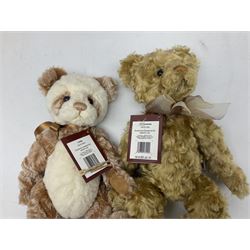 Seven Charlie Bears, comprising limited edition Anniversary Cheesecake SJ5471, designed by Isabelle lee, 431/500, Nuala CB185169, Liddy CB161648A, Philomena CB151592, and AJ CB171784B, each designed by Isabelle Lee, plus Shenanigans CB205243O, and another example lacking tag 