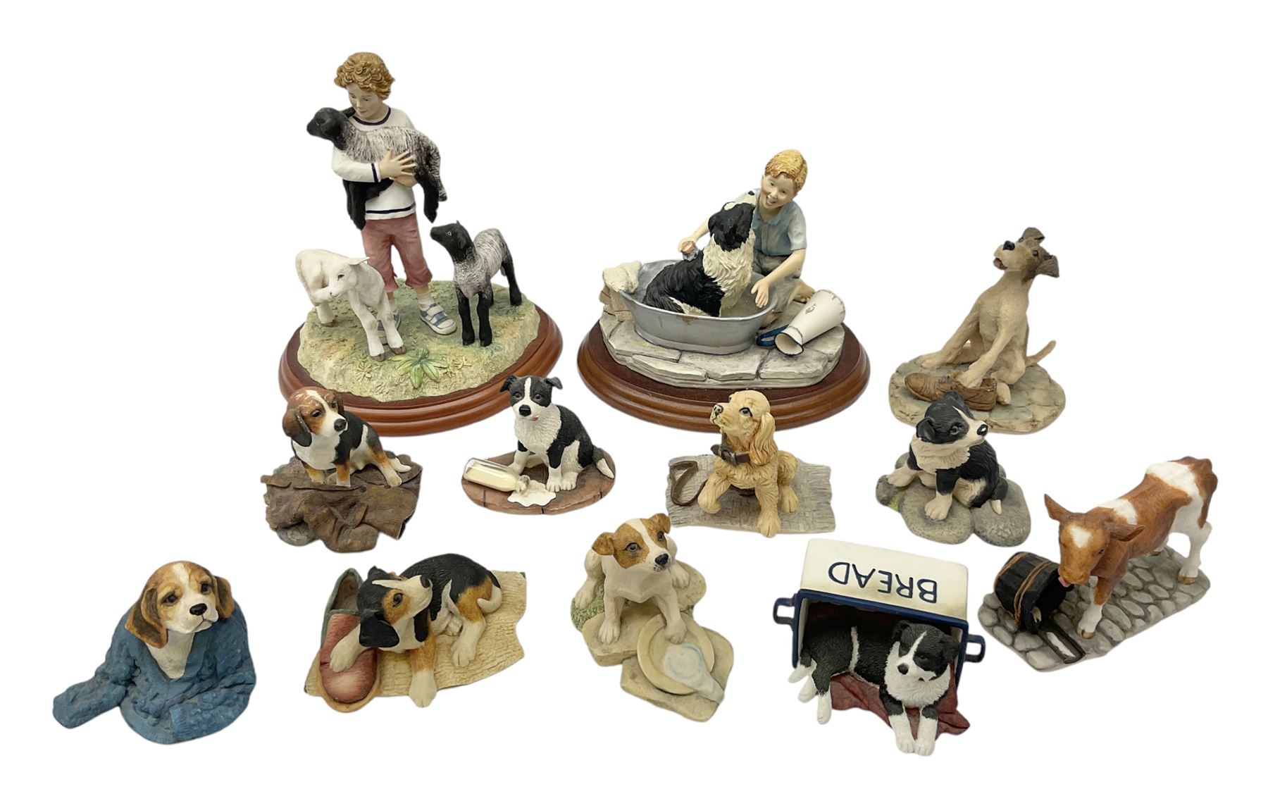 Twelve Border Fine Arts figure groups, to include Bath Time B0086, Young Farmers A1453, Monty A6739, Beagle in Jumper 610844, Sam JH21, Gyp A6509, etc  