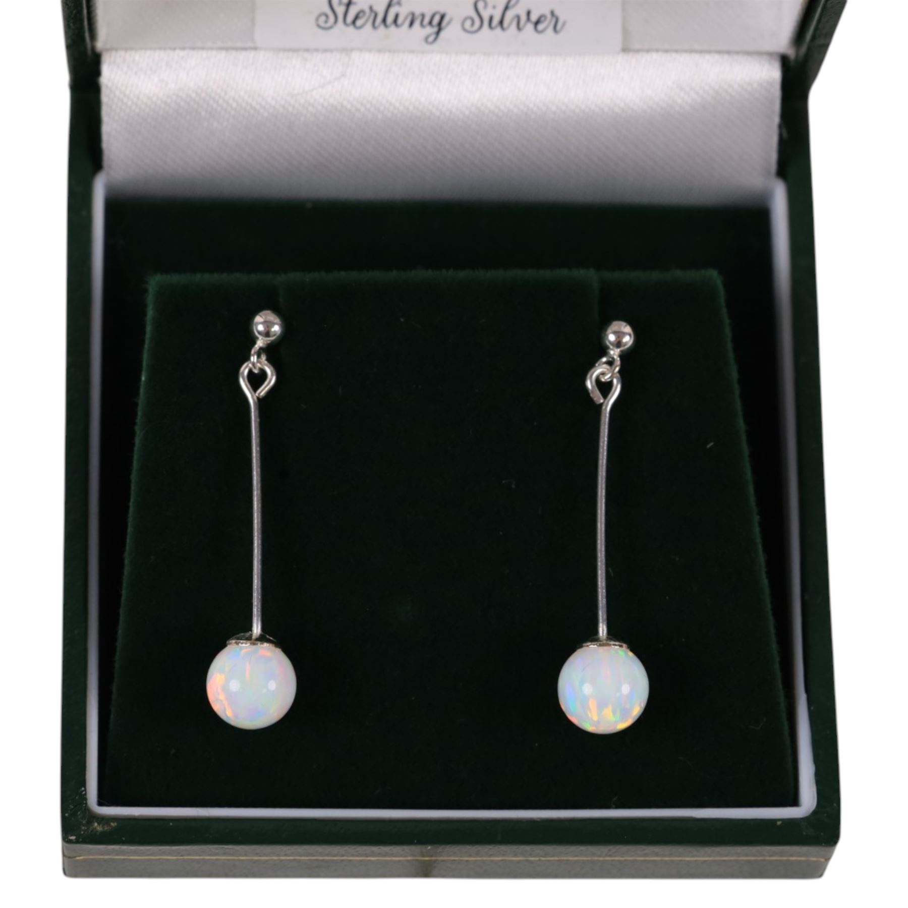 Silver and opal pendant earrings, boxed