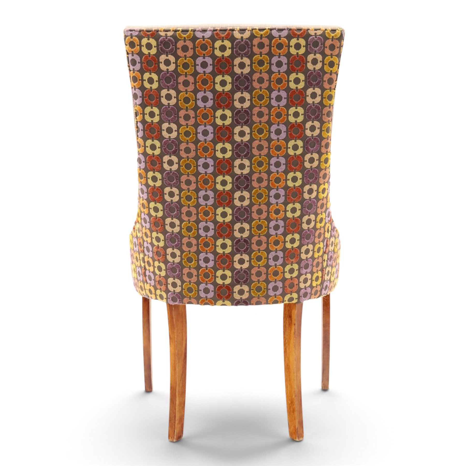 Barker & Stonehouse - set of four upholstered dining chairs, brown upholstery and multi-coloured geometric design, raised on tapering legs