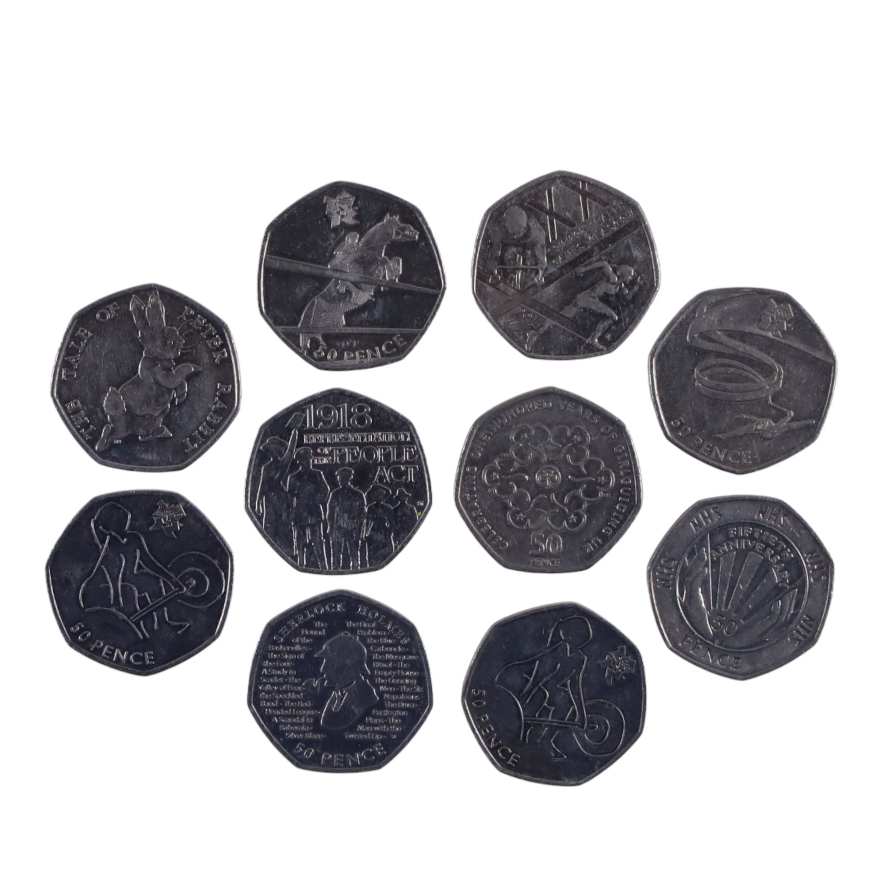 Queen Elizabeth II commemorative fifty pence coins, including London 2012 and Beatrix Potter examples, face value of approximately 122 GBP