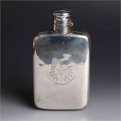 Late Victorian silver hip flask, of typical rectangular form, engraved with Royal Inniskilling Fusiliers crest to front, hallmarked Birmingham 1893, maker's mark worn and indistinct, H14cm