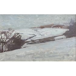 John Sergeant (British 1937-2010): Winter Landscape, oil on artist's board unsigned 19cm x 31cm
Provenance: from the artist's wife Carolyn's studio sale. Born in London, Sergeant moved to Faversham in Kent after his family was bombed out during World War II. He entered the Royal Academy Schools in 1959, where he won a Drawing Prize in 1961. After graduating, Sergeant taught part-time at art schools in Kent and worked on commissions including book jacket designs and a series of ‘room-portraits’ of interiors. He moved to Wales in 1983, and held the first of three exhibitions at the Maas Gallery in Mayfair in 1986. In 1989 the Prince of Wales (now King Charles III) asked Sergeant to contribute drawings to his book Visions of Britain; two years later Sergeant accompanied the Prince on an official visit to Prague, resulting in an exhibition. 