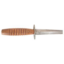 WWII British Fairbairn Sykes Wooden Hilt Commando Knife, with unmarked 17cm double edged blade, oval steel cross guard, barrel style wooden grip, in leather scabbard, overall L30cm