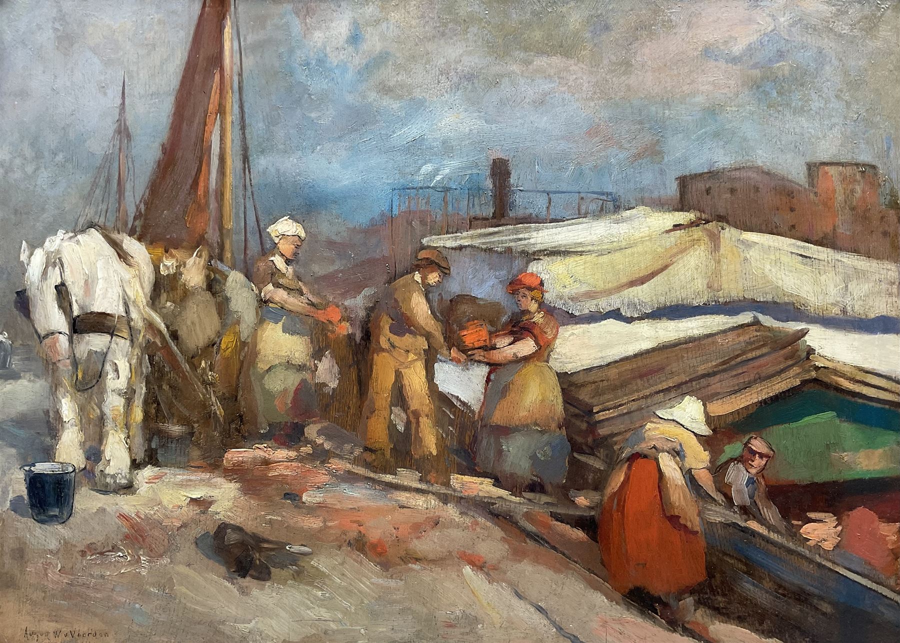 August Willem Van Voorden (Dutch 1881-1921): Loading a Barge, oil on panel signed, indistinctly inscribed on labels verso 48cm x 69cm