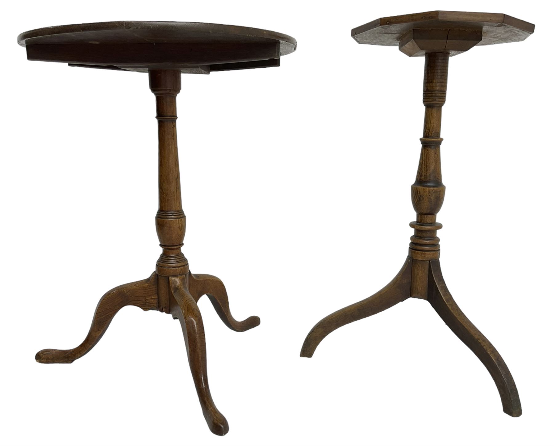 Early 19th century elm and oak tripod table, decagon oak top with raised edge, on turned column with three splayed supports (H74cm); and an early 19th century elm and oak tripod table, circular oak tilt top on turned column with three splayed supports (H70cm) 