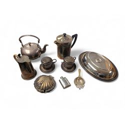 Collection of silver plate, including shell butter dish,  cafetiere, wicker handled coffee pot, etc