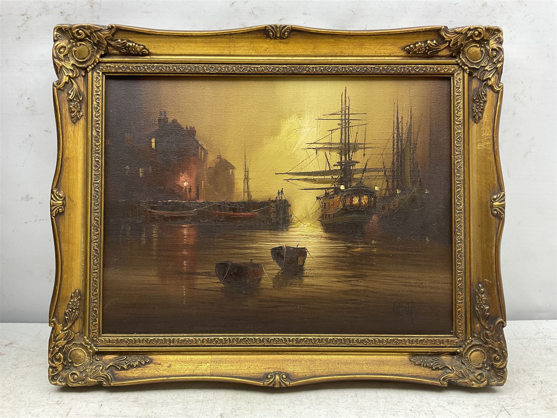 Barry Hilton (British 1941-): Moored Galleons at Night, oil on canvas signed 30cm x 40cm
