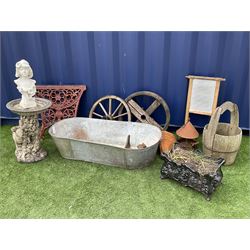 Black finish metal shaped planter set with lion masks and shell handles (W50cm), two vintage cart wheels, cast metal table supports, galvanised trough/bath, washing board, bust of a woman, stone effect bird bath on naturalistic base with deer figure etc. - THIS LOT IS TO BE COLLECTED BY APPOINTMENT FROM DUGGLEBY STORAGE, GREAT HILL, EASTFIELD, SCARBOROUGH, YO11 3TX