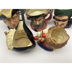 Eight Royal Doulton character jugs, including St George D6618, Guardsman D6568, The Juggler D6835 etc, together with Royal Doulton toby jug Sir Francis Drake D6660