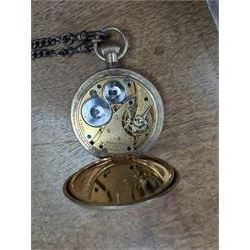 Gold plated Waltham open faced pocket watch, with base metal albert chain and plated bloodstone fob