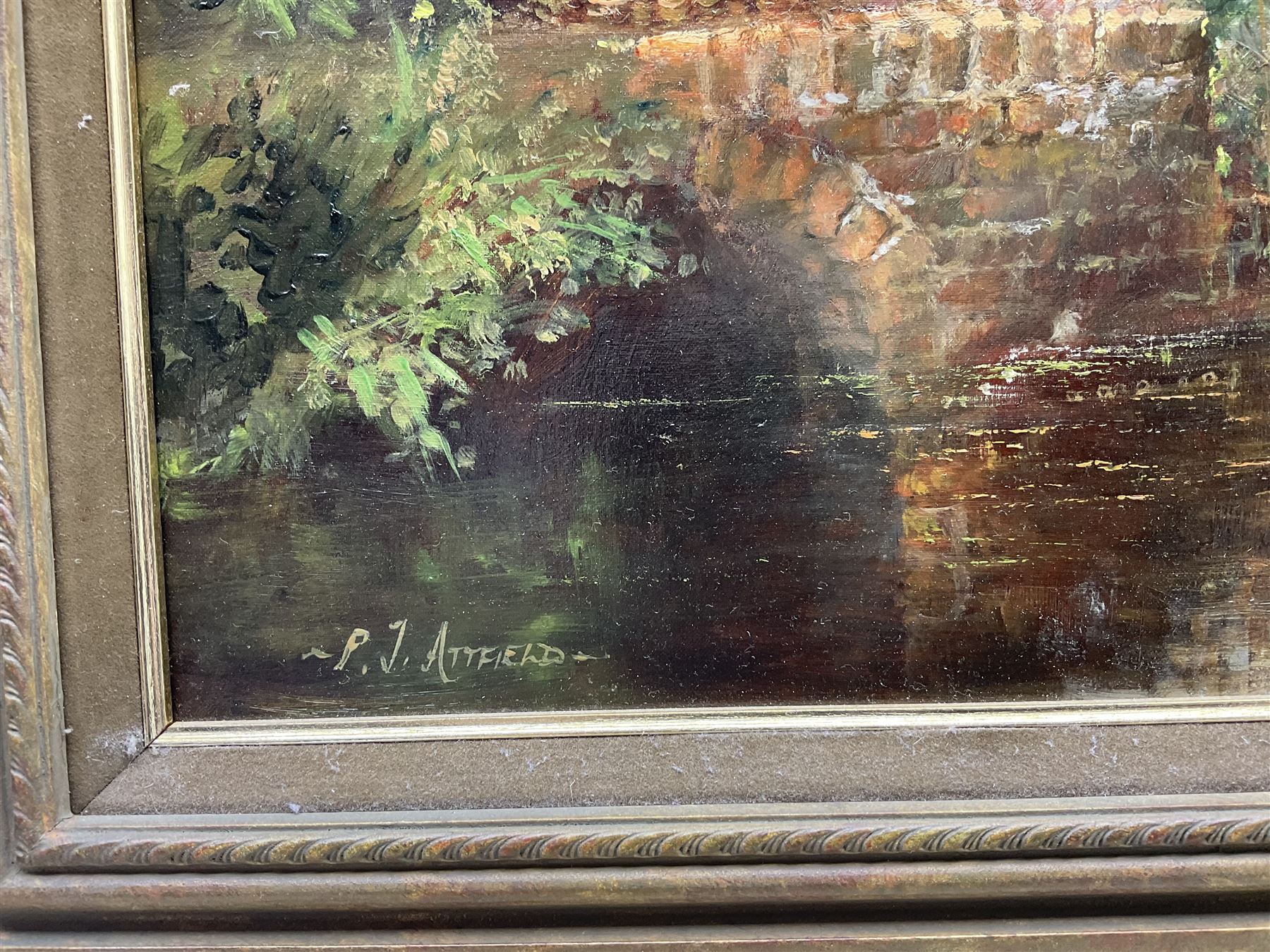 Paul J Attfield (British 1950-): Girls Fishing in a Woodland Stream, oil on canvas signed 44.5cm x 60cm 