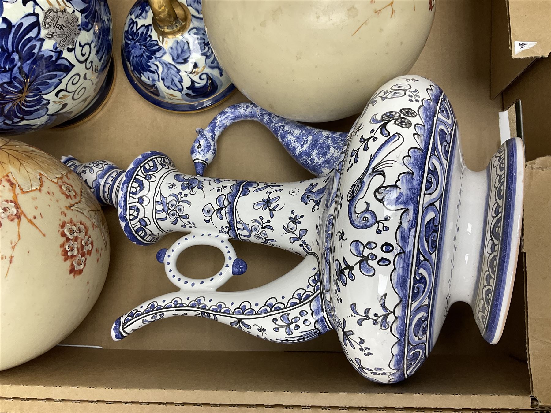 Denby Greenwheat pattern dinner wares, together with Royal Doulton Tumbling Leaves pattern tea and dinner wares, Royal commemorative ceramics including Wedgwood Jasperware table lighter, pair of Victorian glass hand painted vases, large blue and white urn with lid, Noritake part tea set, Staffordshire style dog and other ceramics and collectables, in boxes