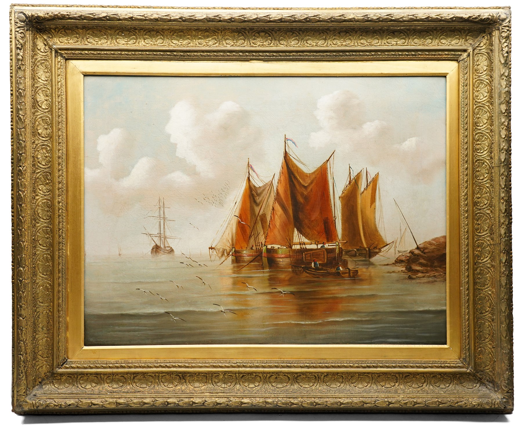 English School (Early 20th century): Fishing in Calm and Rough Seas, pair oils on canvas unsigned, in matching heavy antique gilt frames with repeating anthemion decoration 60cm x 80cm (2)