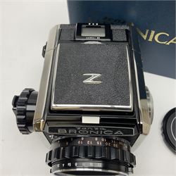 Bronica S2a, type 2 camera body, Serial no. CB152124, with 'Nikon NIKKOR-P 1:2.8 f=75mm' lens, serial no. 190143, in original box 