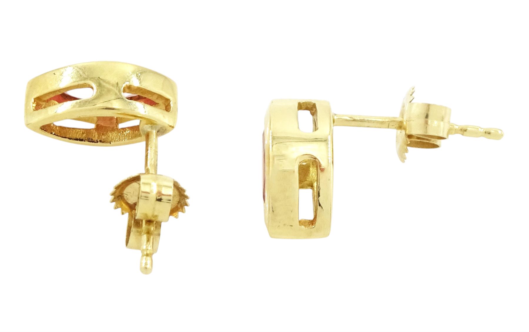 Pair of 18ct gold padparadscha sapphire earrings, each stud bezel set with a single marquise cut sapphire, Birmingham 2006, total weight approx 0.45 carat