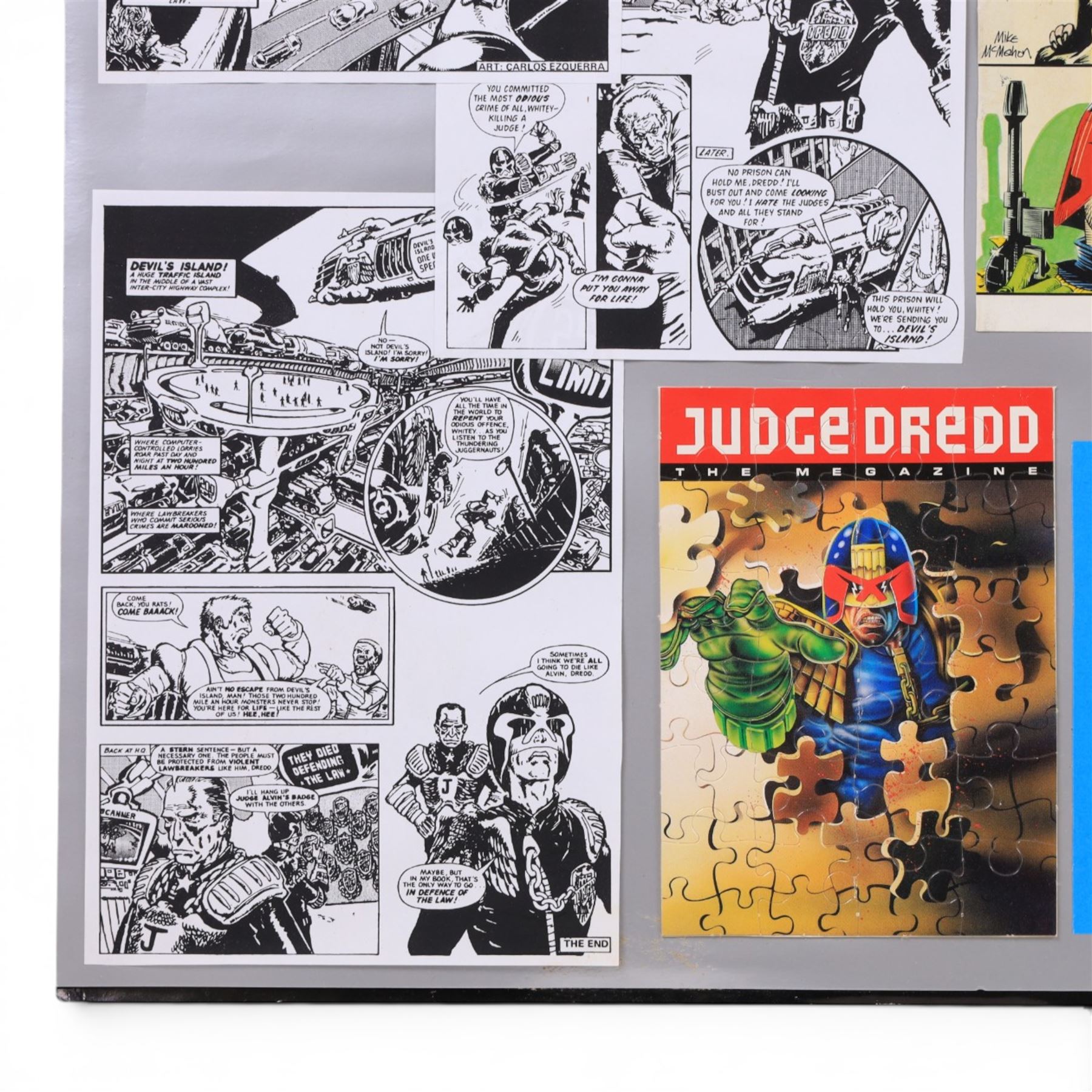 The X Files montage, including cast images, stills and advertisements, within acrylic frame, together with a Judge Dredd montage, including comic cover and comic strips, largest 46x61cm

Notes: This item is from the private collection of Arthur C. Clarke's brother.