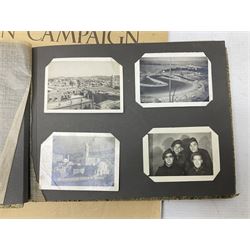 Modern album containing over sixty postcards and photographs including memorial portraits of KIA soldiers, regimental crests, comic, WW1 embroidered silk, uniforms, cap badges, camp and manoeuvre images etc; another personal photograph album of WW2 soldiers relaxing; Royal Armoured Corps booklet 'The Italian Campaign 3rd Sep. 1943 - 2nd May 1945; and other paper ephemera of military interest