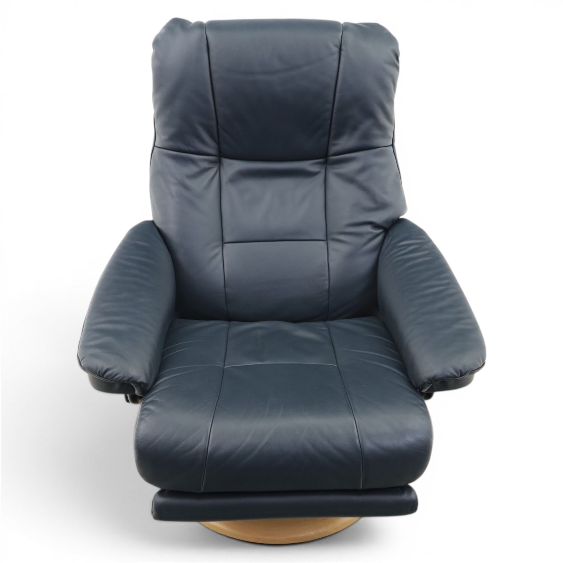 Ekornes - Stressless 'Mayfair, Classic Power' motorised swivel recliner armchair, size medium, upholstered in blue leather, raised on an oak finish frame