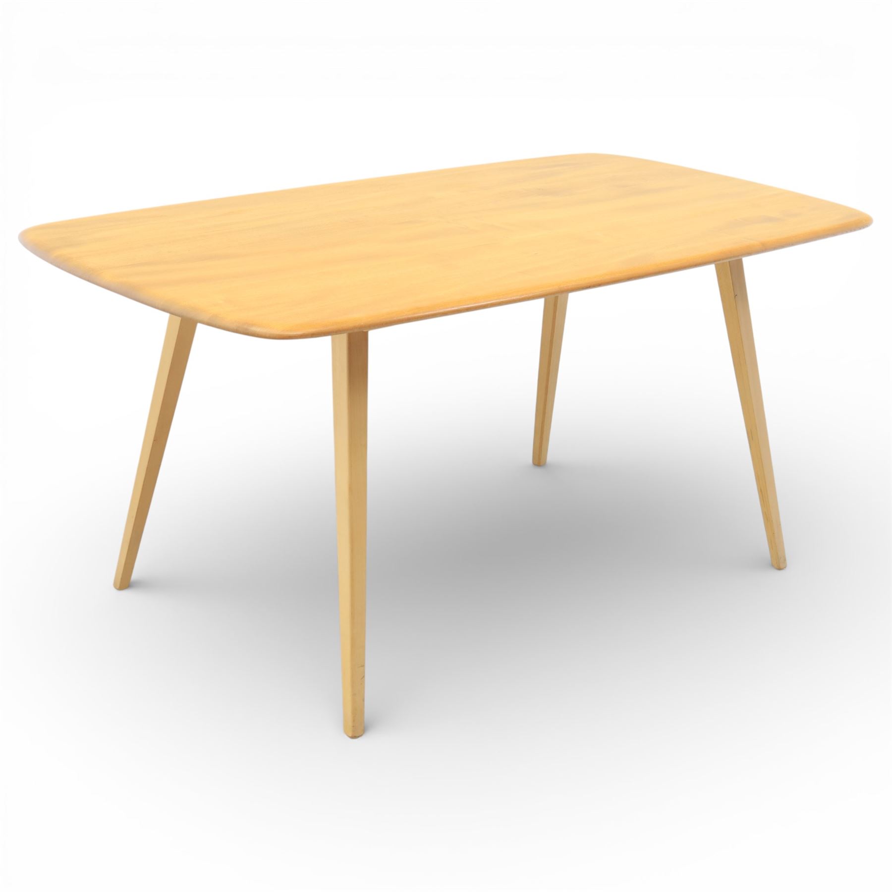 Ercol - elm dining table, rectangular plank top with rounded corners and moulded edge, raised on four tapering beech supports