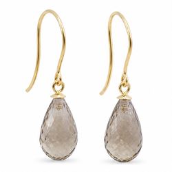 Pair of 9ct gold smokey quartz pendant earrings, each stud set with a single briolette cut...