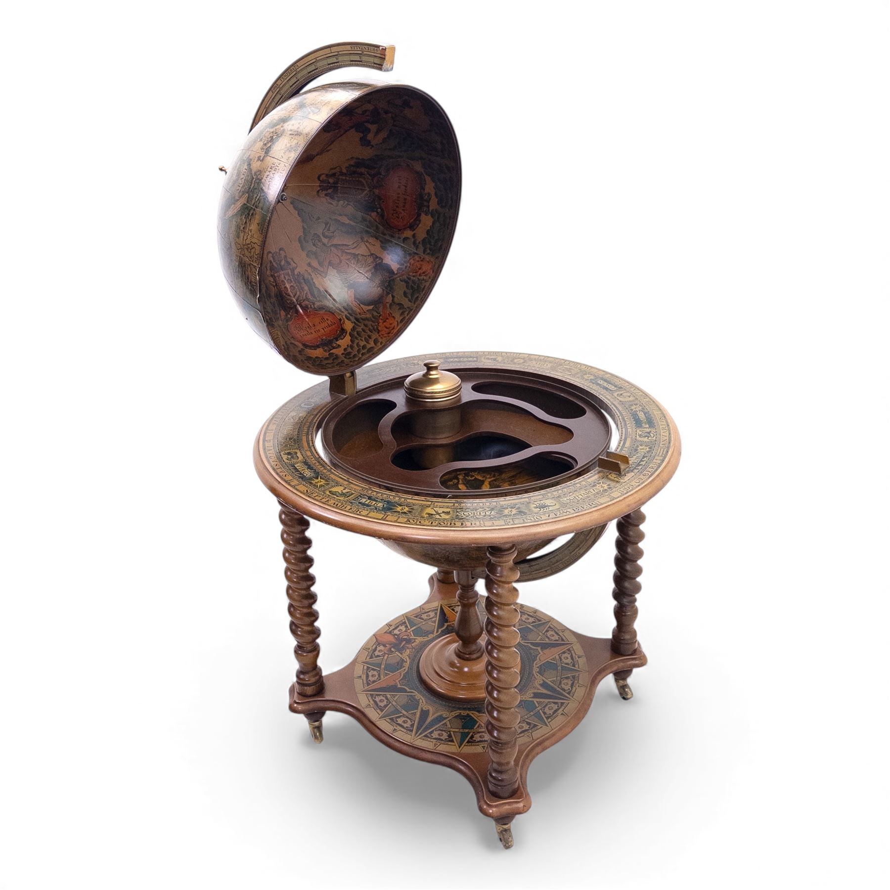 20th century Italian reproduction globe drinks table, the cartographic sphere decorated with Renaissance-style map scenes, hinged upper section enclosing bottle storage, with printed zodiac and calendar ring to the top, on spiral-turned legs joined by a compass rose undertier, brass castors below