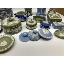 Collection of Wedgwood dark blue, light blue and sage green Jasperware, to include green bowl D20cm, green jug, covered trinket boxes, planters, urns etc