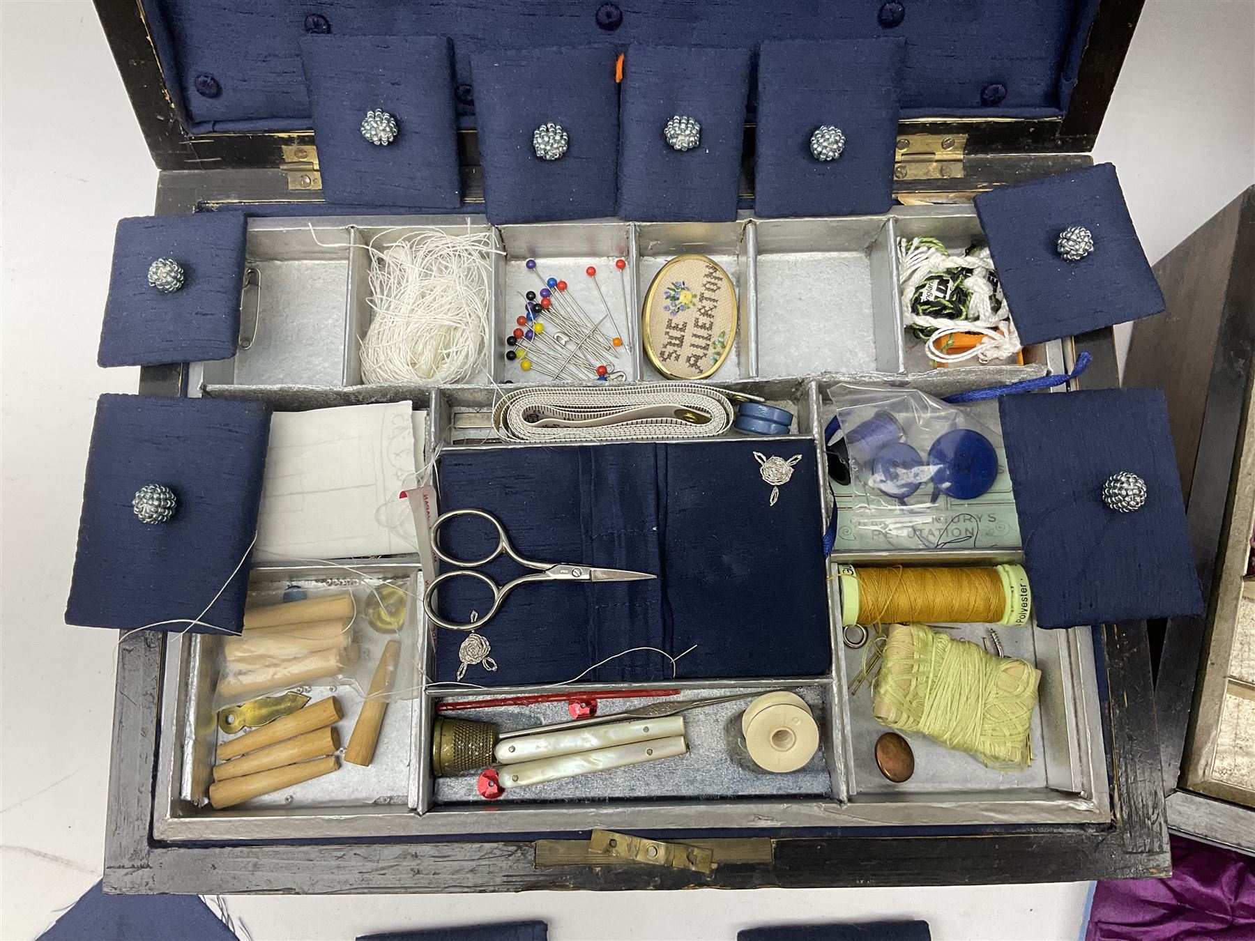 Oak sewing box with geometric inlaid decoration, the hinged lid lifting to reveal compartmented interior with lift out tray together with another mahogany example with mother of pearl and marquetry inlay decoration, both for restoration, largest H15cm W30cm D22cm