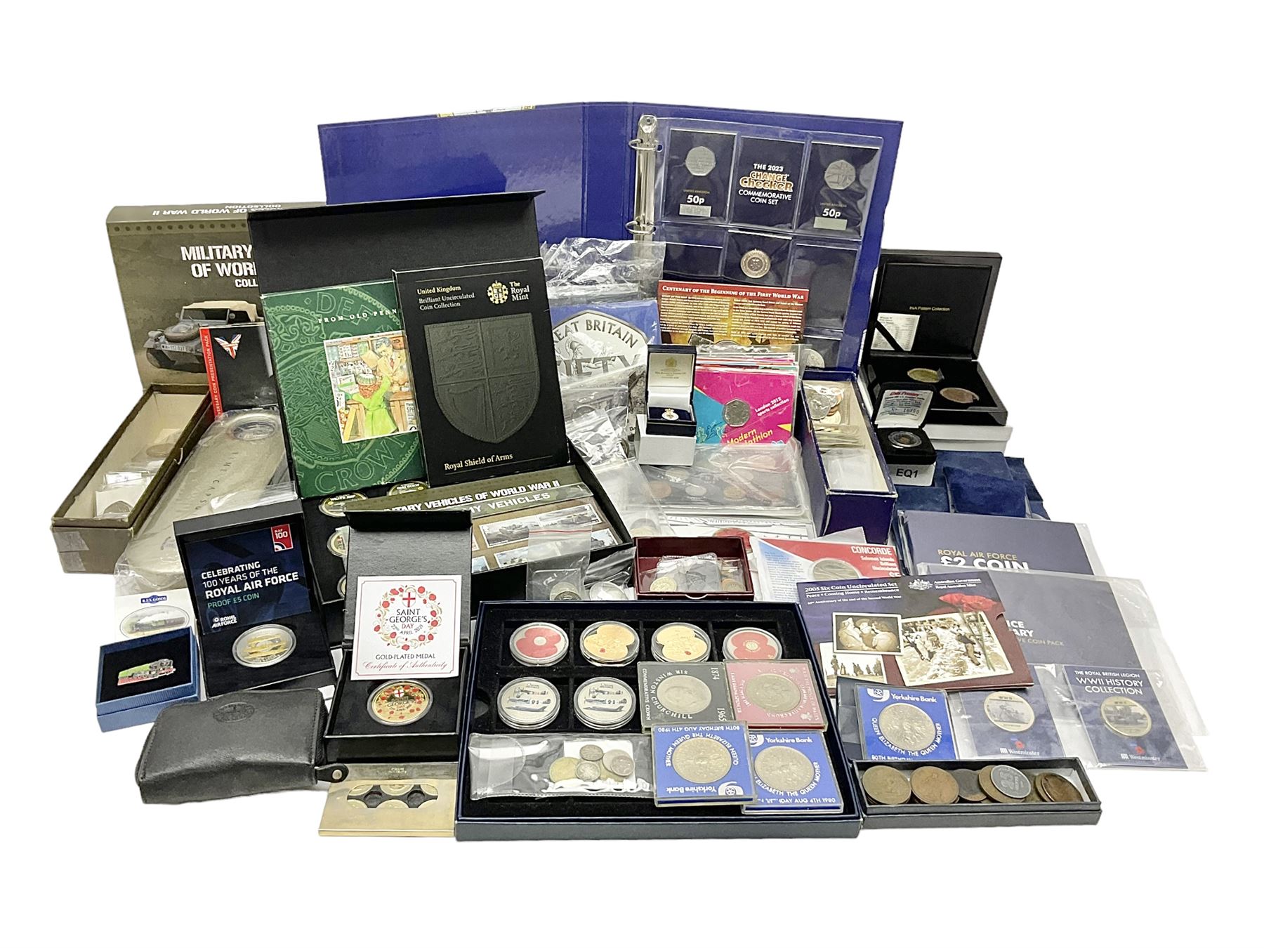Commemorative and other coinage, including various Queen Elizabeth II 'London 2012 sports collection' fifty pence coins on cards, commemorative crowns, Millennium 2000 'Time Capsule' coin set, channel islands old round one pound coins, part sets etc