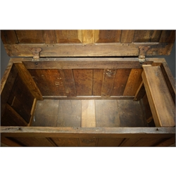  19th century panelled oak coffer, hinged lid, stile supports, W123cm, H75cm, D56cm  