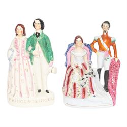 Group of 19th century Staffordshire figures, comprising pair depicting Queen Victorian and Prince Albert, she stood crowned, wearing short cloak, her hand clasped in front of her waist, he wearing cloak and military jacket, tallest example H28cm, figure group depicting The Prince and Princess Alexandra of Denmark, later Princess of Wales, he wearing green jacket and holding top hat in his left hand, she wearing bodice and full length skirt and carrying hat over he right arm, H24.5cm, and figure group depicting Empress Eugenie and Napoleon III, he in uniform, his left hand upon a plinth, she seated in chair, H23.5cm