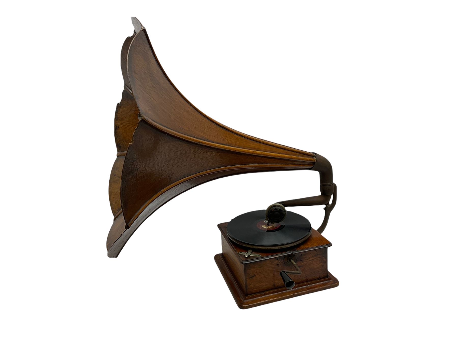Early 20th century oak cased gramophone, the motor marked 'Garrard No.20 REF No.1030', with ribbed oak horn, base 30cm square; with one 78rpm record and Columbia tin of needles
