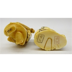  Two Japanese carved ivory Netsukes, both playing musical instruments, signed, H5cm max (2) Provenance: private collection   