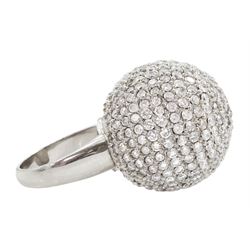 Palladium pave set round brilliant cut diamond ball ring, hallmarked, total diamond weight approx 15.00 carat